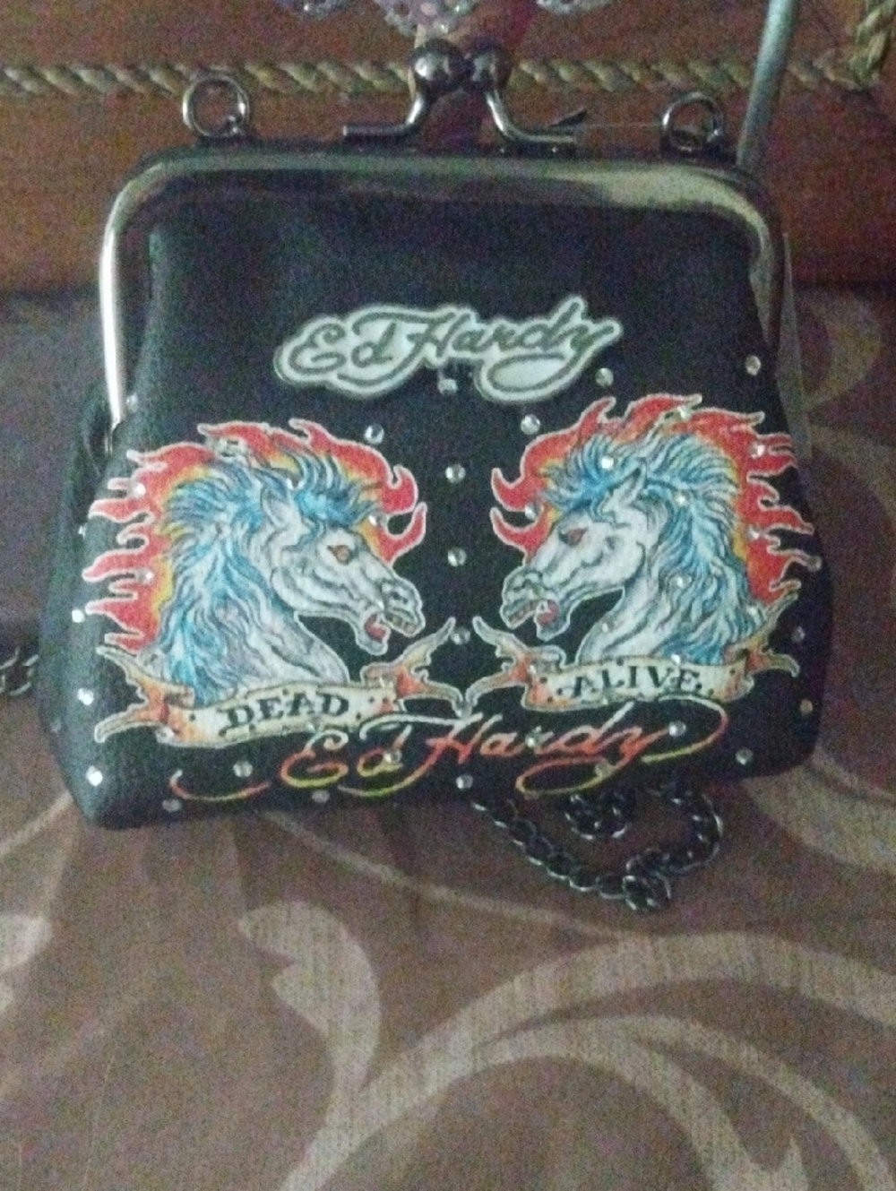 Ed Hardy Black Chain-Handle Crossbody with Colorful Unicorn Graphic - Picture 7 of 8